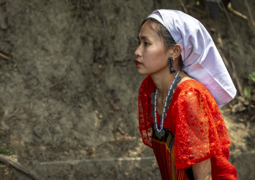 Chakma young woman in traditional clothing celebrating Biju festival, Chittagong Division, Kawkhali, Bangladesh