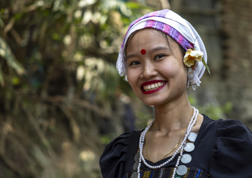 Chakma young woman in traditional clothing celebrating Biju festival, Chittagong Division, Kawkhali, Bangladesh