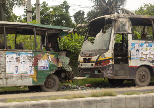 Crashed buses for a road safety exhibition, Dhaka Division, Keraniganj, Bangladesh