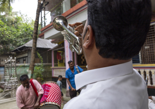 Bangladeshi musicians playing during a hindu ceremony, Dhaka Division, Tongibari, Bangladesh