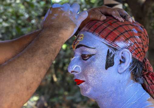 Make up of a hindu devotee who becomes Lord Shiva at Lal Kach festival, Dhaka Division, Munshiganj Sadar, Bangladesh