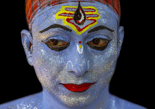 Make up of a hindu devotee who becomes Lord Shiva at Lal Kach festival, Dhaka Division, Munshiganj Sadar, Bangladesh