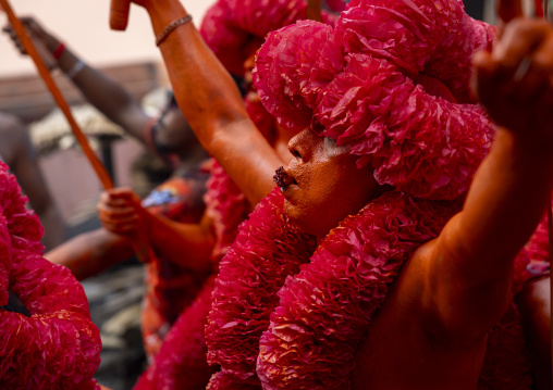 Hindu devotees covered with orange color in Lal Kach festival, Dhaka Division, Munshiganj Sadar, Bangladesh