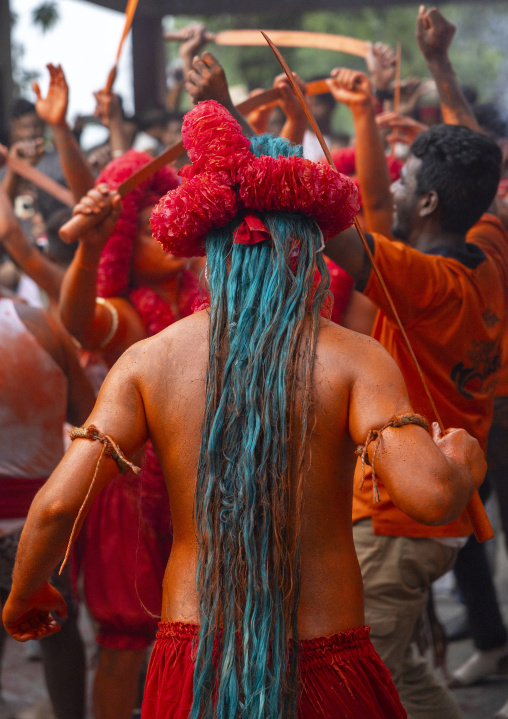 Hindu devotees covered with orange color in Lal Kach festival, Dhaka Division, Munshiganj Sadar, Bangladesh