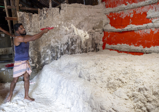 Bangladeshi man picks up salt in a warehouse, Chittagong Division, Chittagong, Bangladesh