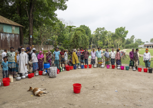 Bangladeshi farmers selling their fresh cow milk in the market, Dhaka Division, Dhamrai, Bangladesh