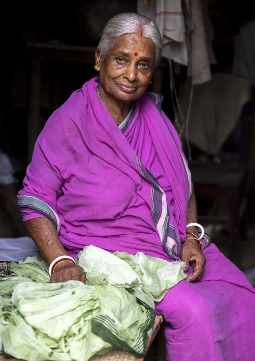 Portrait of an hindu bangladeshi old woman wearing a purple saree, Dhaka Division, Delduar, Bangladesh