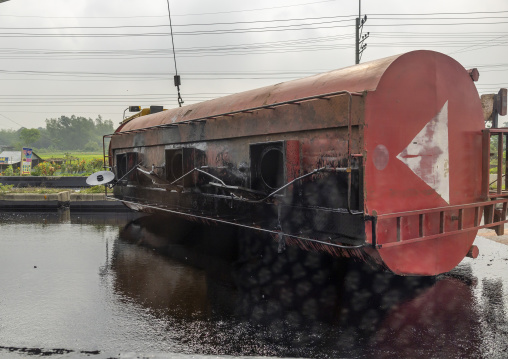 Lorry loaded with oil is lying on the highway, Rajshahi Division, Bogura, Bangladesh