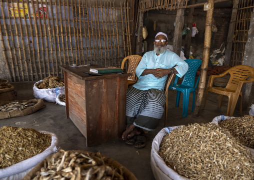Bangladeshi man selling dried fishes at market, Rangpur Division, Rangpur, Bangladesh