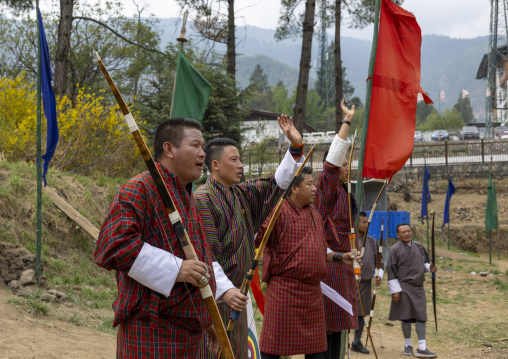 Bhutanese archers on an archery range, Chang Gewog, Thimphu, Bhutan