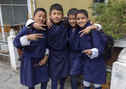 Bhutanese boys in school uniforms in the street, Chang Gewog, Thimphu, Bhutan
