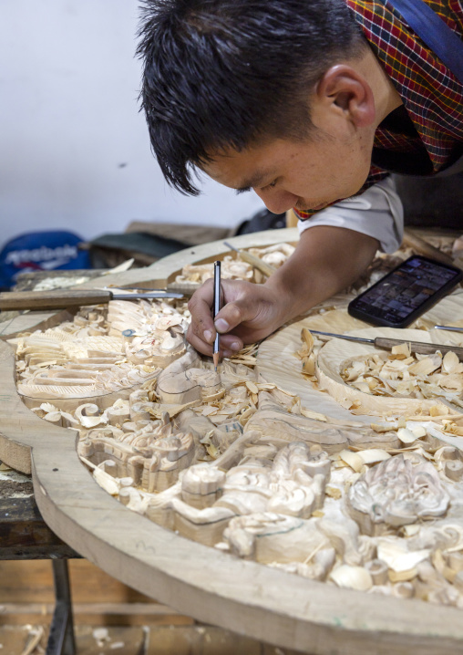 Parzo art of carving in the Institute of Zorig Chosum, Chang Gewog, Thimphu, Bhutan