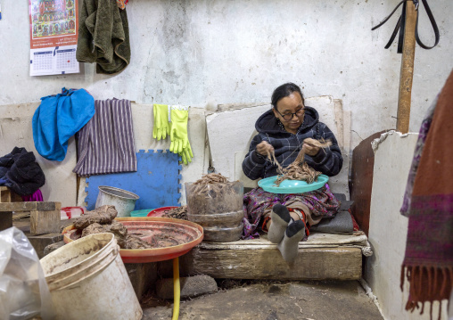 Bhutanese woman making paper using traditional methods, Chang Gewog, Thimphu, Bhutan