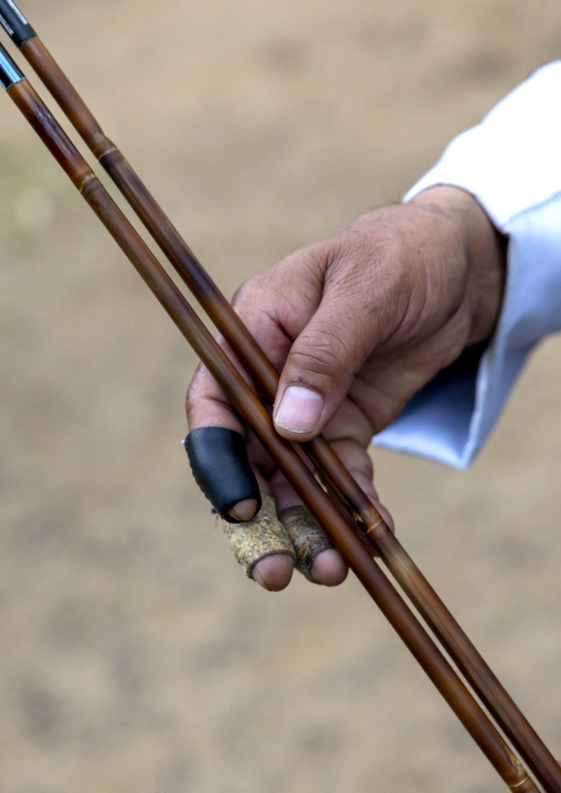 Bhutanese archer hand on an archery range, Chang Gewog, Thimphu, Bhutan