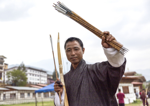Bhutanese archer with arrows in his hands, Chang Gewog, Thimphu, Bhutan