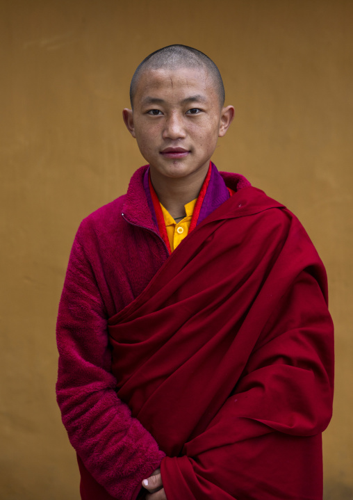 Portrait of a young bhutanese monk in Tashigang Gonpa, Punakha dzongkhag, Punakha, Bhutan