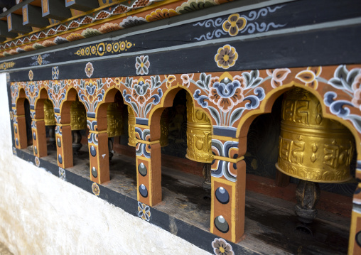 Tashigang Gonpa prayer wheels, Punakha dzongkhag, Punakha, Bhutan