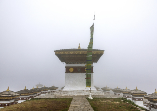 Dochula with 108 stupas or chortens in the fog, Punakha, Dochula Pass, Bhutan