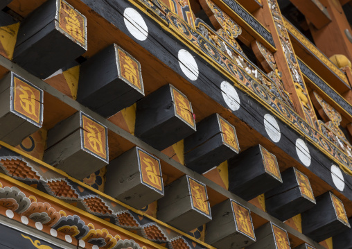 Punakha dzong decorated wooden beams, Punakha dzongkhag, Punakha, Bhutan