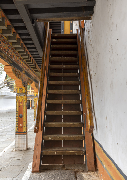 Wooden stairs in Punakha dzong, Punakha dzongkhag, Punakha, Bhutan