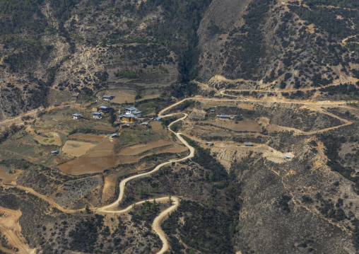 Aerial view of the countryside, Wangchang Gewog, Paro, Bhutan