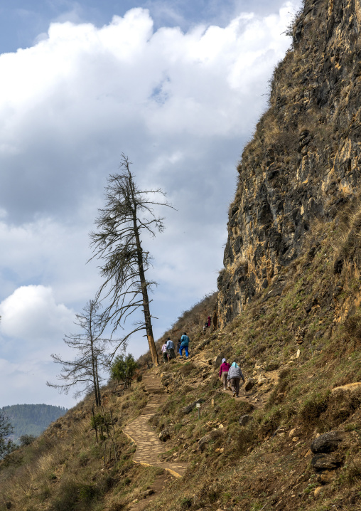 Bhutanese people hiking in the mountain, Paro, Drakarpo, Bhutan