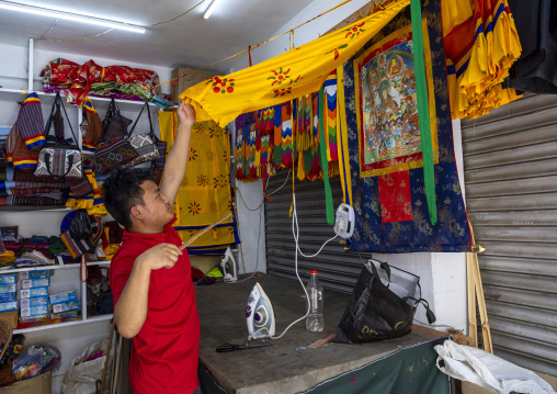 Shop selling decorations and offerings for temples, Thedtsho Gewog, Wangdue Phodrang, Bhutan