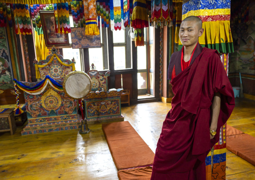 Bhutanese monk inside Nyenzer Lhakhang, Thedtsho Gewog, Wangdue Phodrang, Bhutan