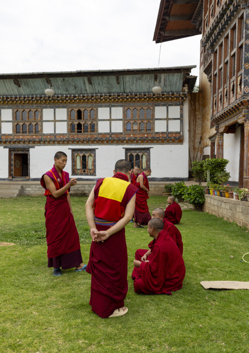 Bhutanese novices monks debating in Nyenzer Lhakhang, Thedtsho Gewog, Wangdue Phodrang, Bhutan