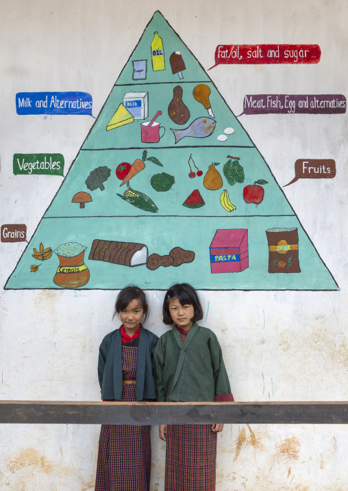 Portrait of girls in front of a healthy food mural in Rubesa Primary School, Wangdue Phodrang, Rubesagewog, Bhutan
