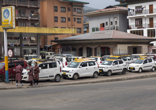 Taxis filling gas at a gas station, Wangchang Gewog, Paro, Bhutan