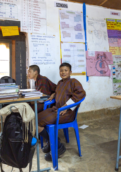 Bhutanese pupils in Rubesa Primary School classroom, Wangdue Phodrang, Rubesagewog, Bhutan