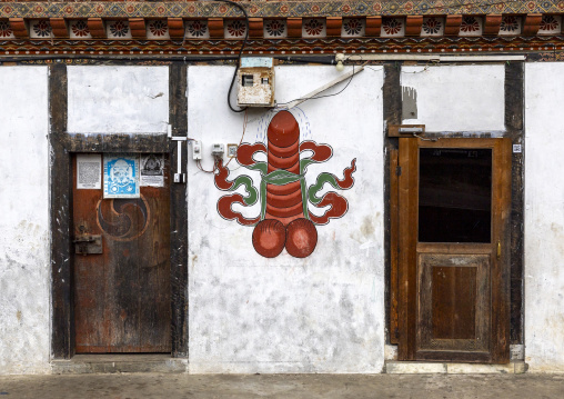 House with a phallus painted on the wall, Wangdue Phodrang, Phobjikha Valley, Bhutan