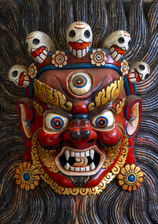 Head of Bhairava mask with its five skulls, Trongsa District, Trongsa, Bhutan