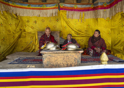 Bhutanese leaders in Ura Yakchoe festival, Bumthang, Ura, Bhutan