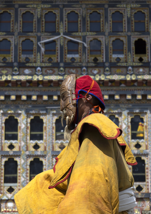 Masked atsara at the annual Ura Yakchoe festival, Bumthang, Ura, Bhutan