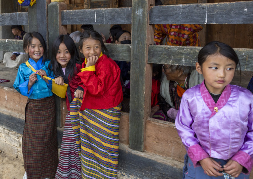 Bhutanese girls in Ura Yakchoe festival, Bumthang, Ura, Bhutan