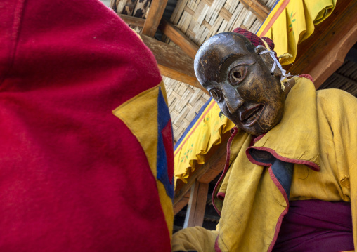 Masked atsaras at the annual Ura Yakchoe festival, Bumthang, Ura, Bhutan