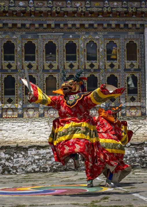 Mask dancers at the annual Ura Yakchoe festival, Bumthang, Ura, Bhutan