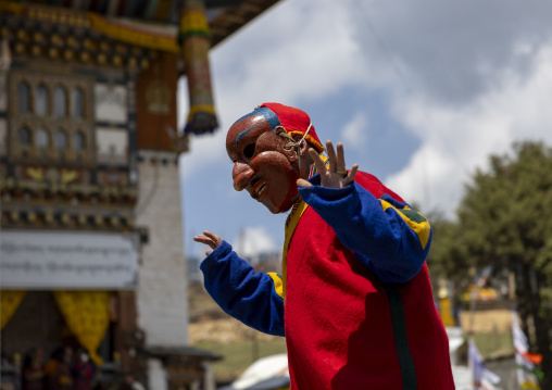 Masked atsara at the annual Ura Yakchoe festival, Bumthang, Ura, Bhutan