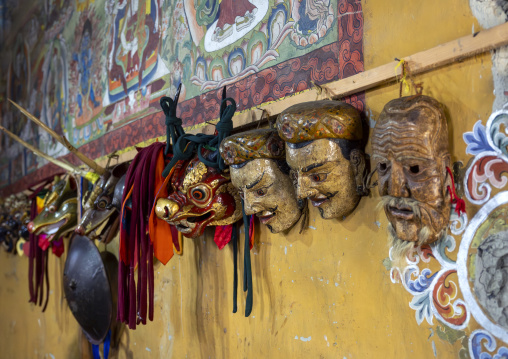 Masks in the temple for Ura Yakchoe, Bumthang, Ura, Bhutan