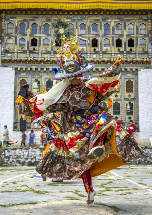Dance of the hats during Ura Yakchoe festival, Bumthang, Ura, Bhutan