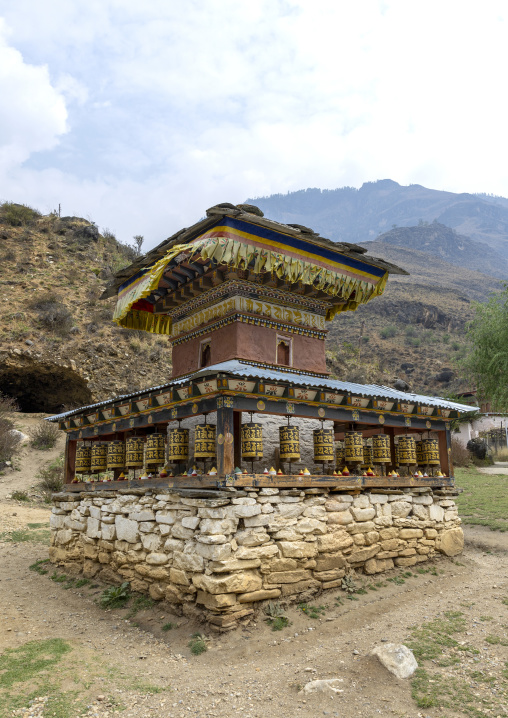 Prayer wheels in Tachog Lhakhang monastery, Wangchang Gewog, Paro, Bhutan