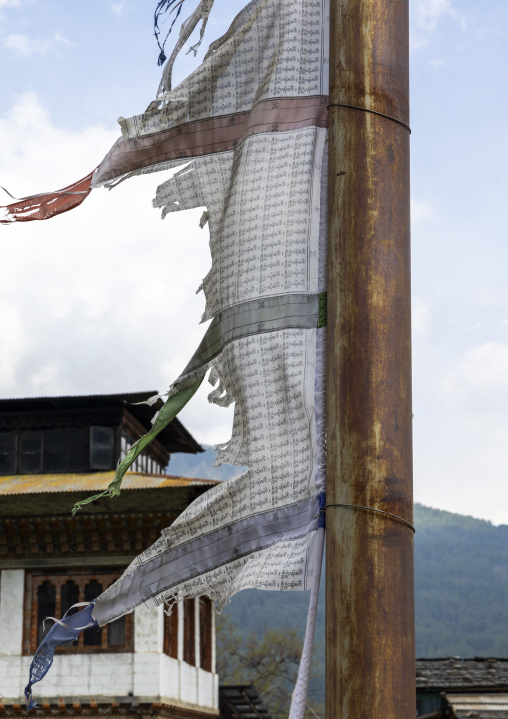 Manidhar prayer flags are raised on behalf of a deceased person, Chhoekhor Gewog, Bumthang, Bhutan