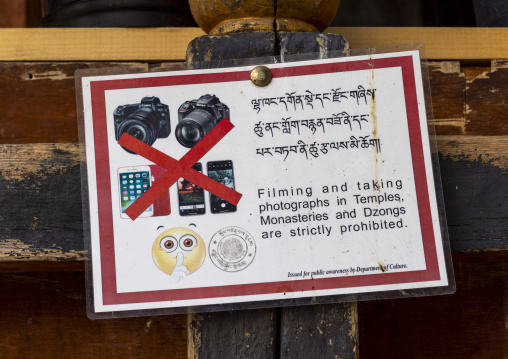 Photography prohibited sign in Kurjey lhakang, Chhoekhor Gewog, Bumthang, Bhutan