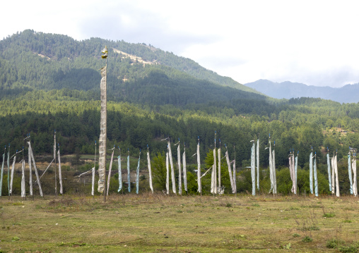 Manidhar prayer flags in Kurjey Lhakang, Chhoekhor Gewog, Bumthang, Bhutan