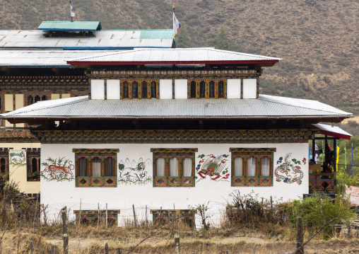Bhutanese traditional house with murals at rural area, Wangchang Gewog, Paro, Bhutan