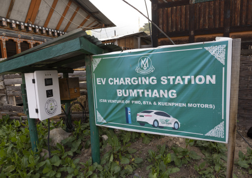 Electric car charging station, Chhoekhor Gewog, Bumthang, Bhutan