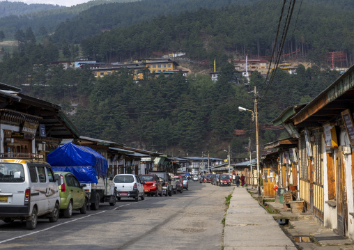 View of the main street in the city, Chhoekhor Gewog, Bumthang, Bhutan