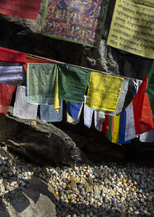 Prayer flags and tsa tsas in Tang Chhu River, Bumthang, Mo Chhu, Bhutan